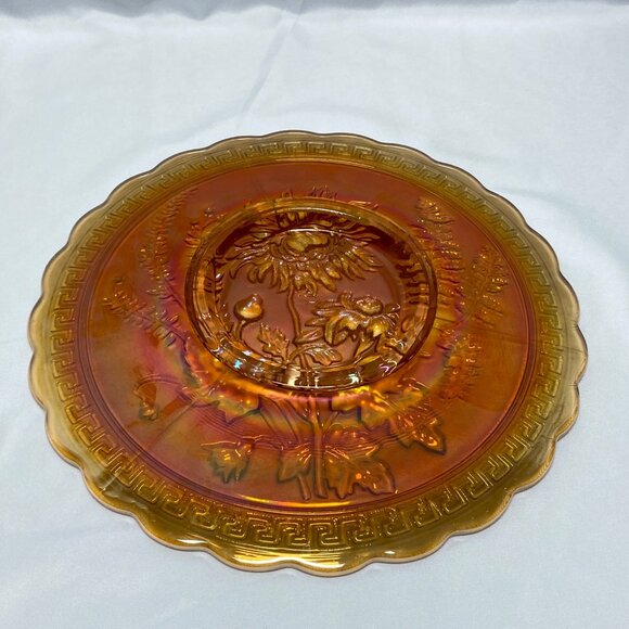 Imperial Carnival Glass Marigold Plate With Sunflower Design & Scalloped Edge - Picture 7 of 10